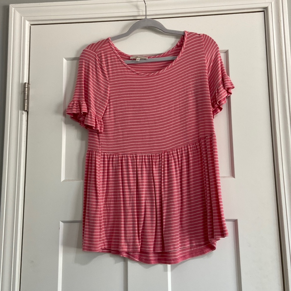 Pink and white striped short sleeve ruffle shirt